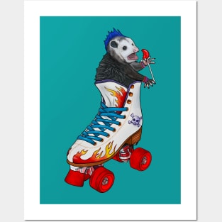 Rebellious Opossum With A Mohawk Sitting In Roller-Skate Eating A Sucker Posters and Art